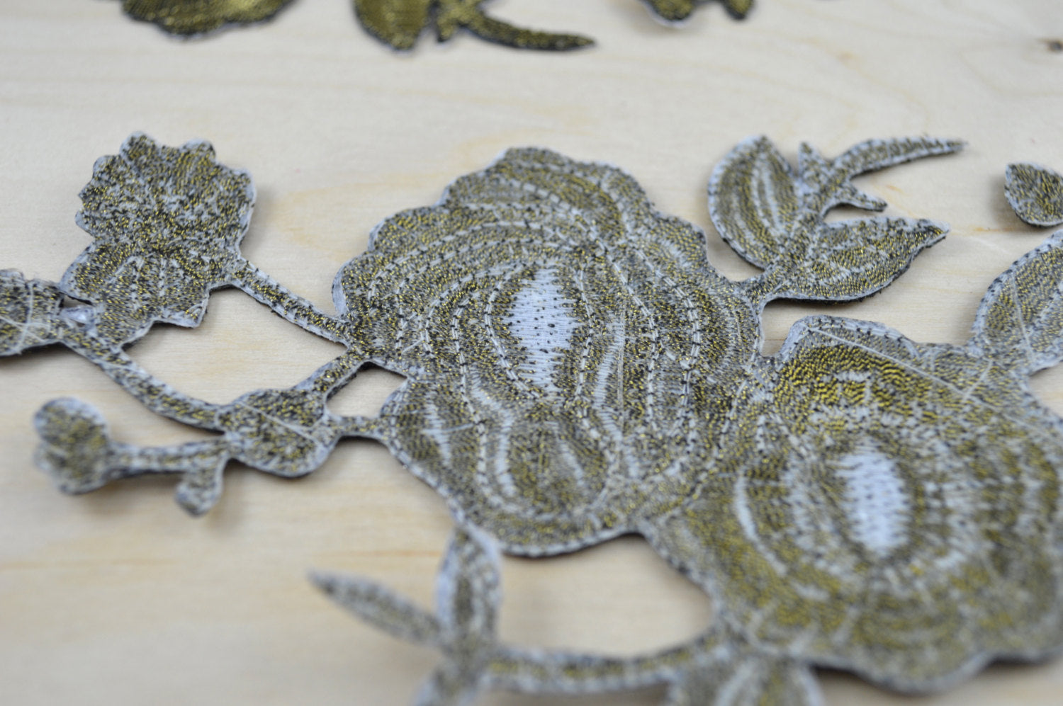 2 Metallic Brass Flower Embroidered Patch/Applique