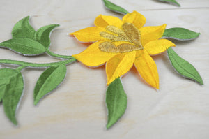 2 Yellow and Green Lily Flower Patches/Appliques with Iron-on Backing