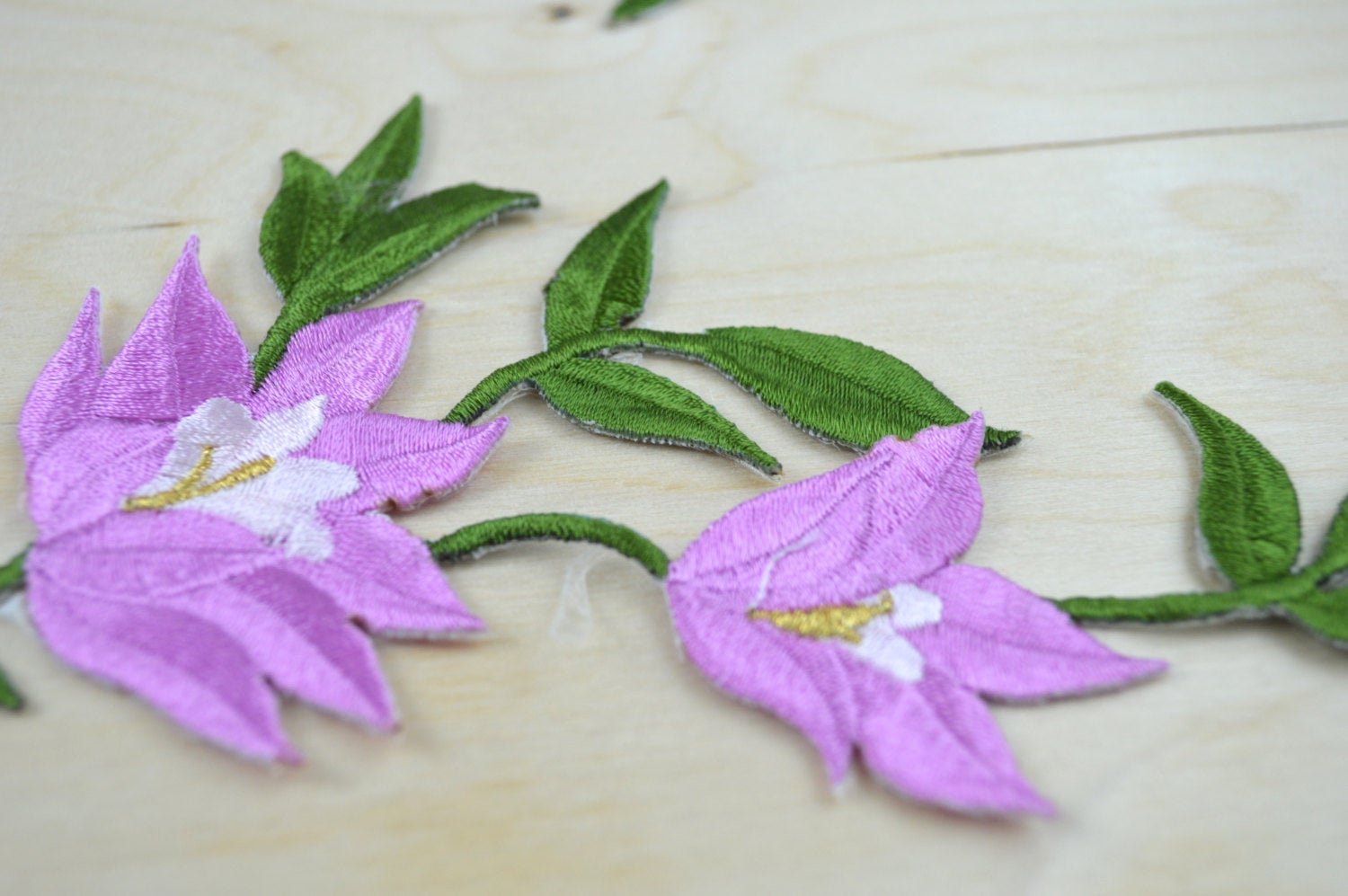 2 Lavender Embroidery Flower Patch/Applique with Green Vines with Iron-on Backing