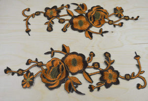 2 Brown & Rust Embroidery Flower Patches/Applique with Antique Gold Detailing