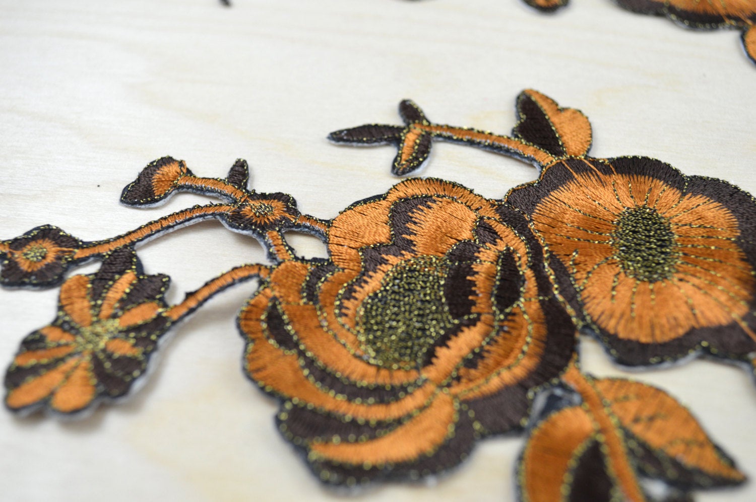 2 Brown & Rust Embroidery Flower Patches/Applique with Antique Gold Detailing