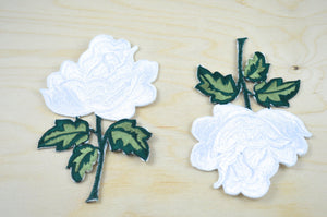 2 White Embroidery Rose Patch/Applique with Iron-on Backing