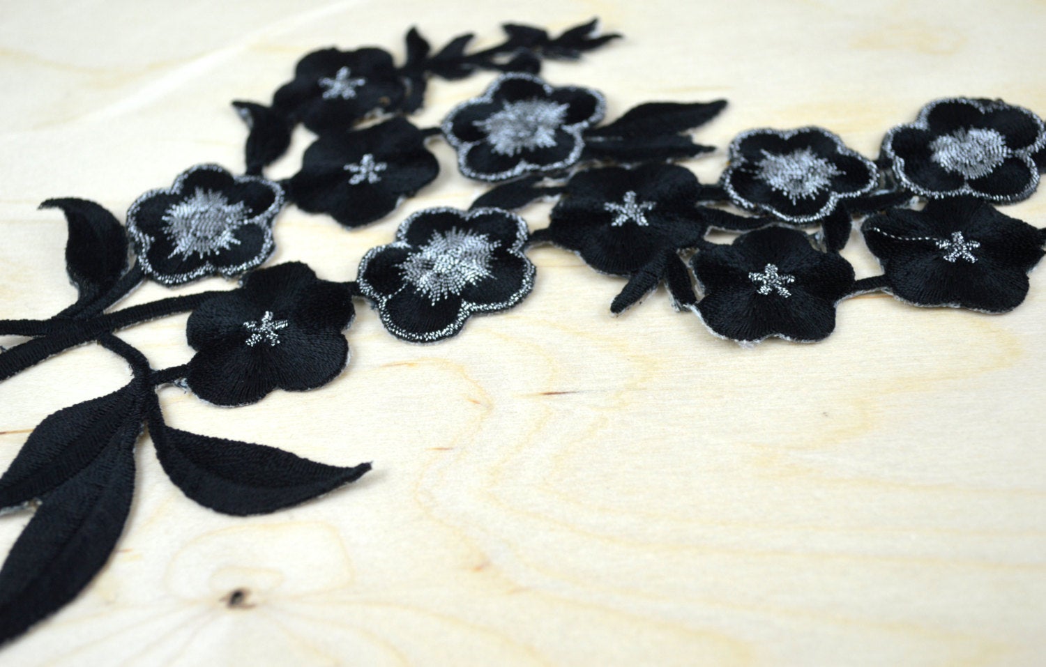 2 Black With Silver Embroidery Flower Patches/ Applique