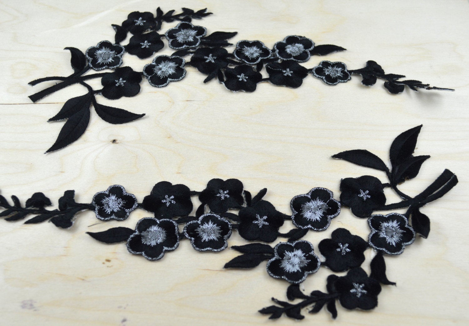 2 Black With Silver Embroidery Flower Patches/ Applique