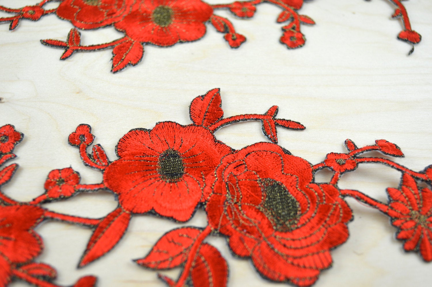 1 Pair Dark Red and Antique Gold Embroidery Flower Applique Patch