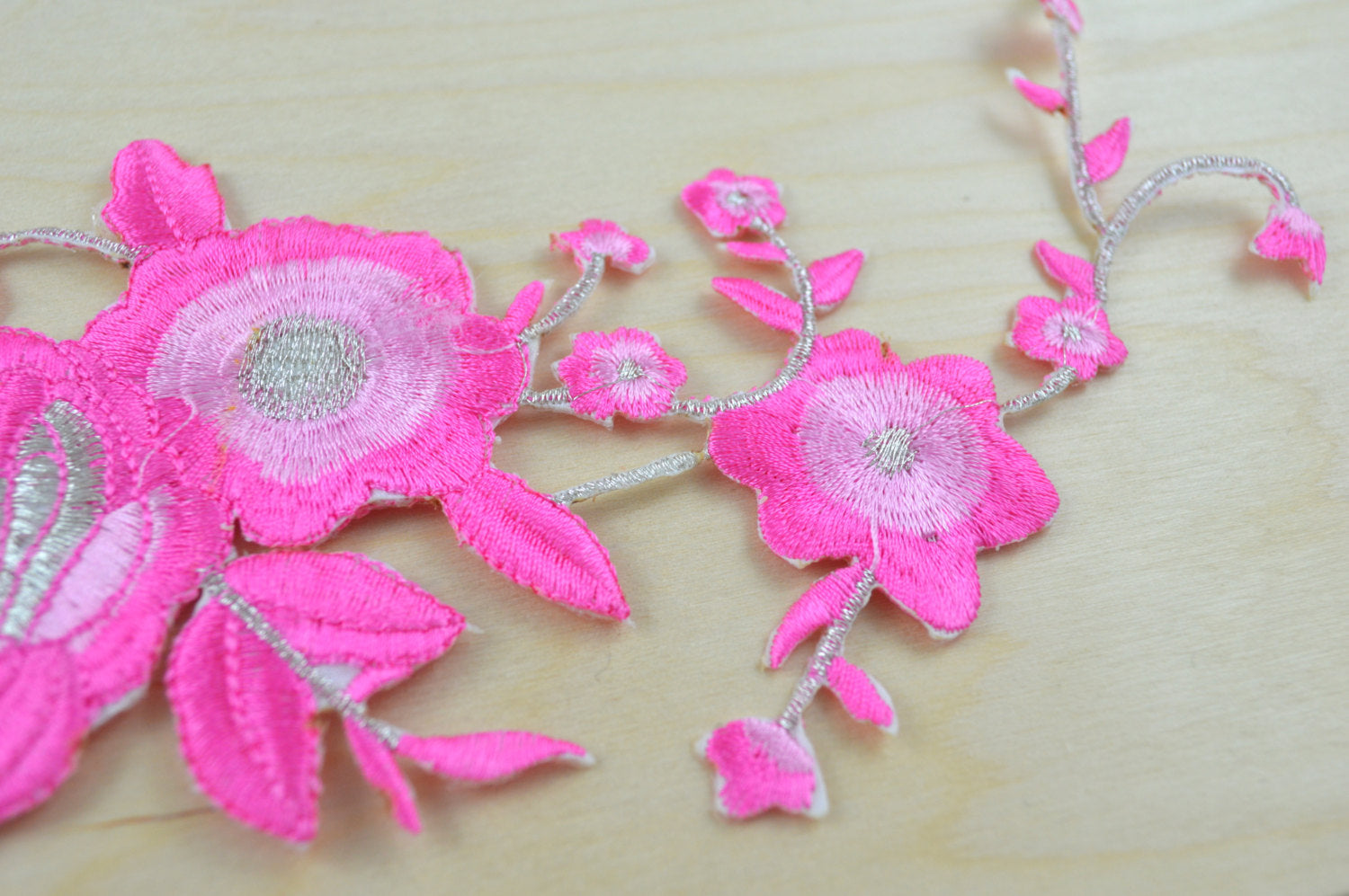 2 Pink Flower With Silver Accents Embroidery Patches/Applique