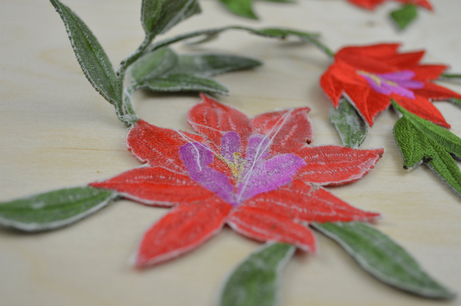 2 Red and Purple and Green Lily Embroidered Flower Patches/ Applique