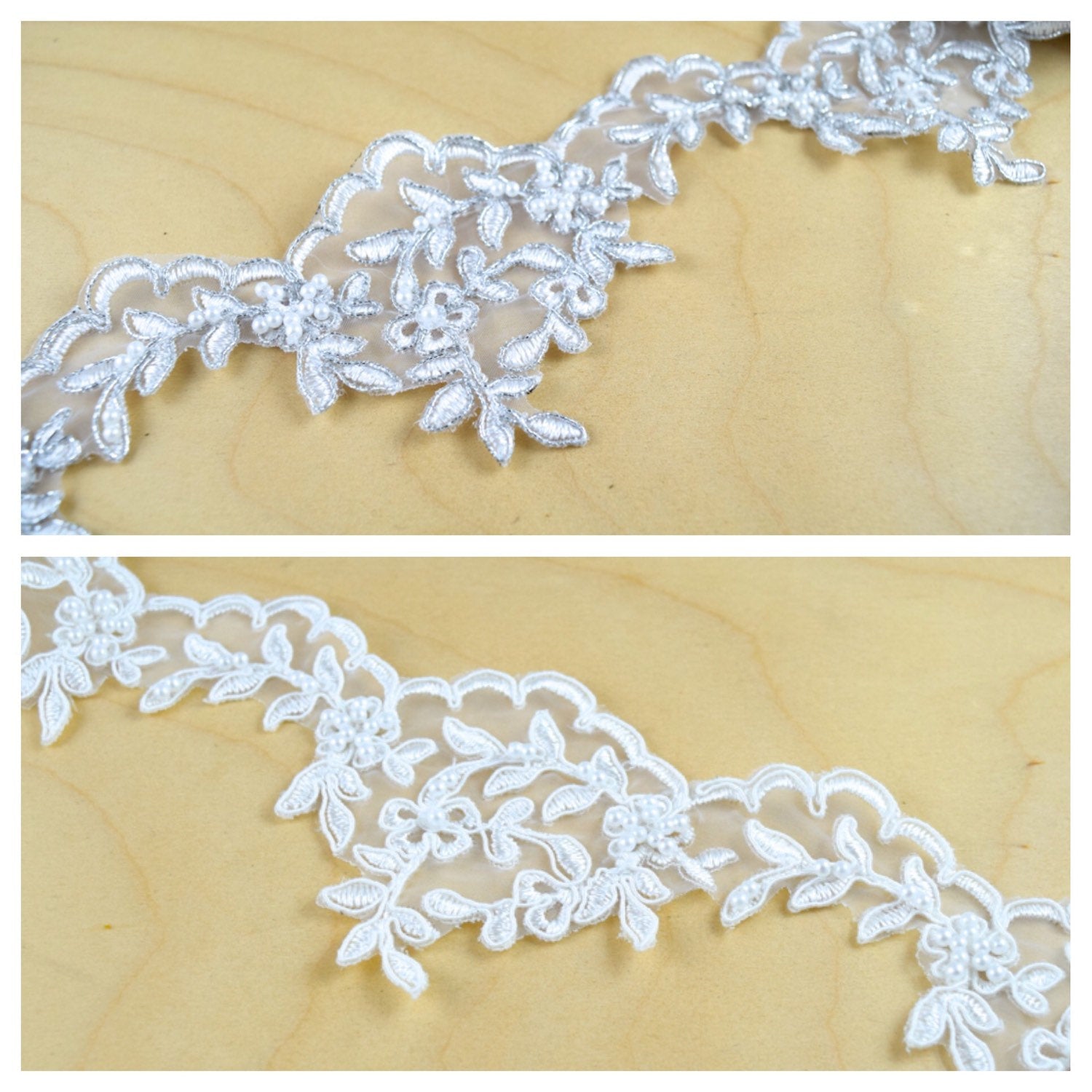 1 Yard 3" Sophisticated Polyester Bridal Lace Trim: Leaf Like Motif Lace with Delicate Beading