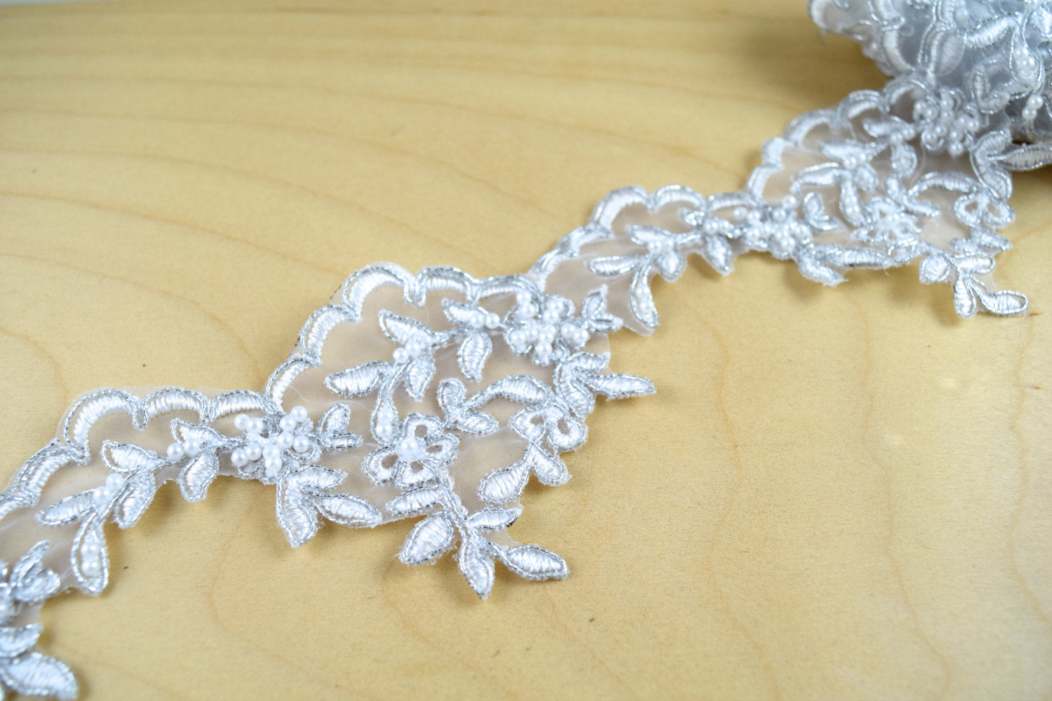 1 Yard 3" Sophisticated Polyester Bridal Lace Trim: Leaf Like Motif Lace with Delicate Beading