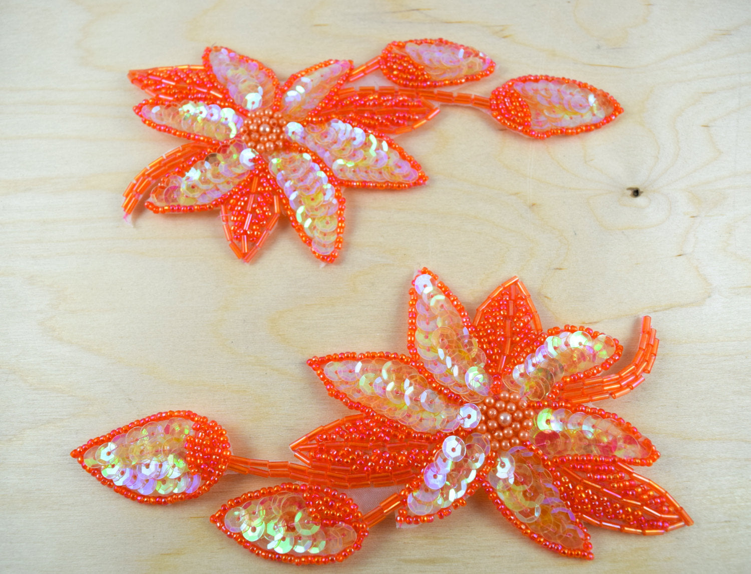 2 Tangerine Orange Beaded and Sequined Flower Patches/Appliques