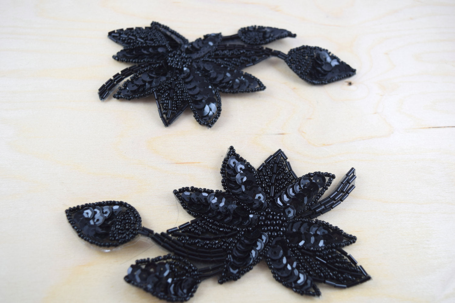 Black Beaded Applique 2 Piece Heavily Beaded Stunning Black Mirrored  Applique Set on Black Mesh with Flower Motif- CALANTHA