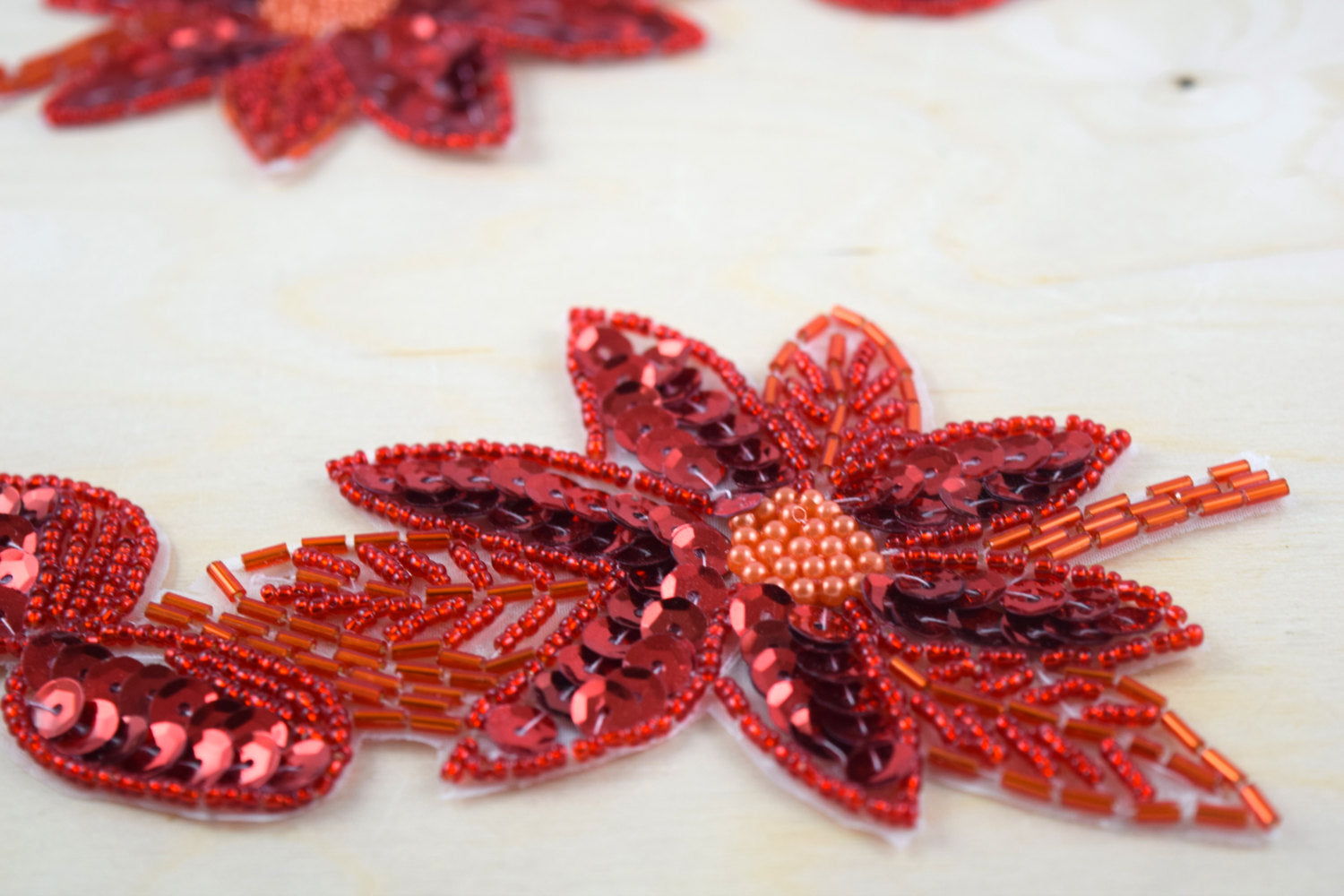 2 Red Beaded and Sequined Flower Patches/Appliques