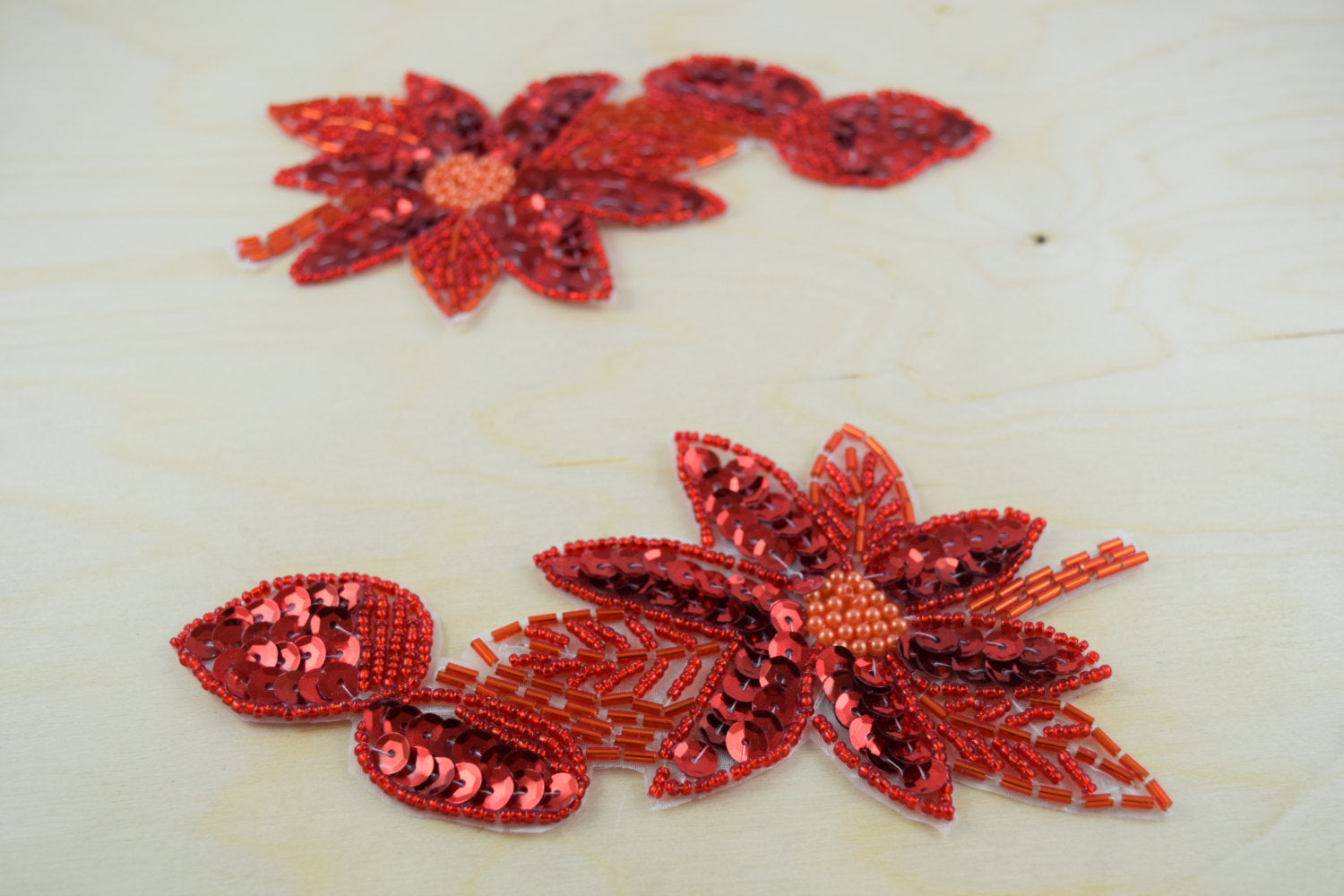 2 Red Beaded and Sequined Flower Patches/Appliques