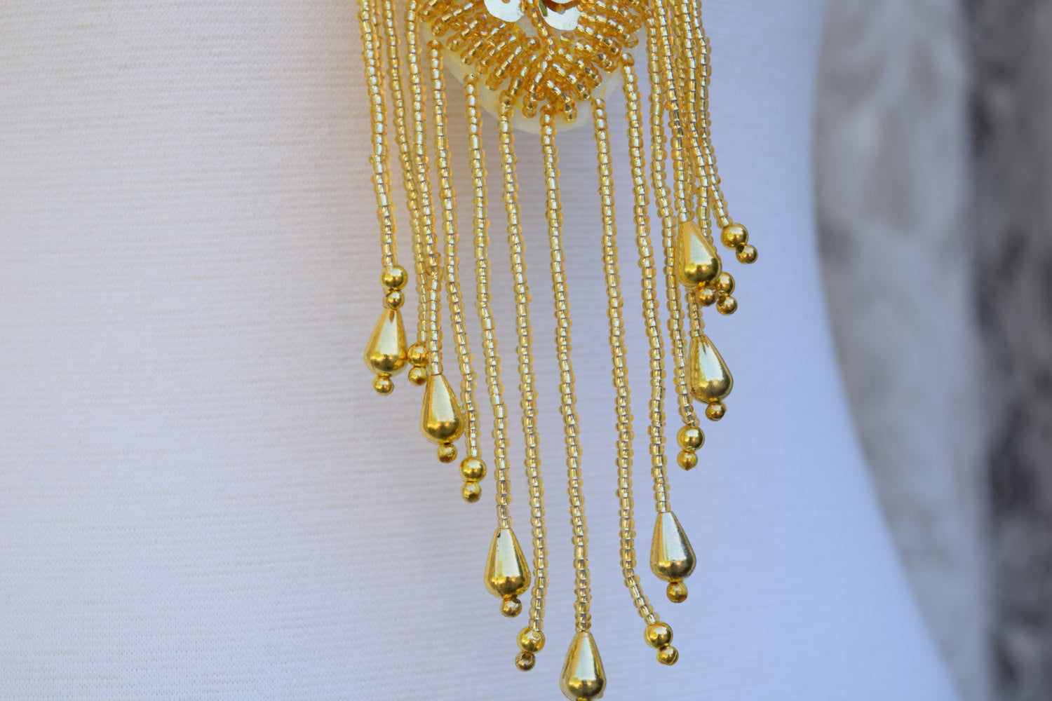 1 Gold Oversized Gold Neck Piece Beaded and Sequined Applique with Dangling Beads Hot Fix