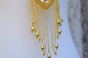 1 Gold Oversized Gold Neck Piece Beaded and Sequined Applique with Dangling Beads Hot Fix