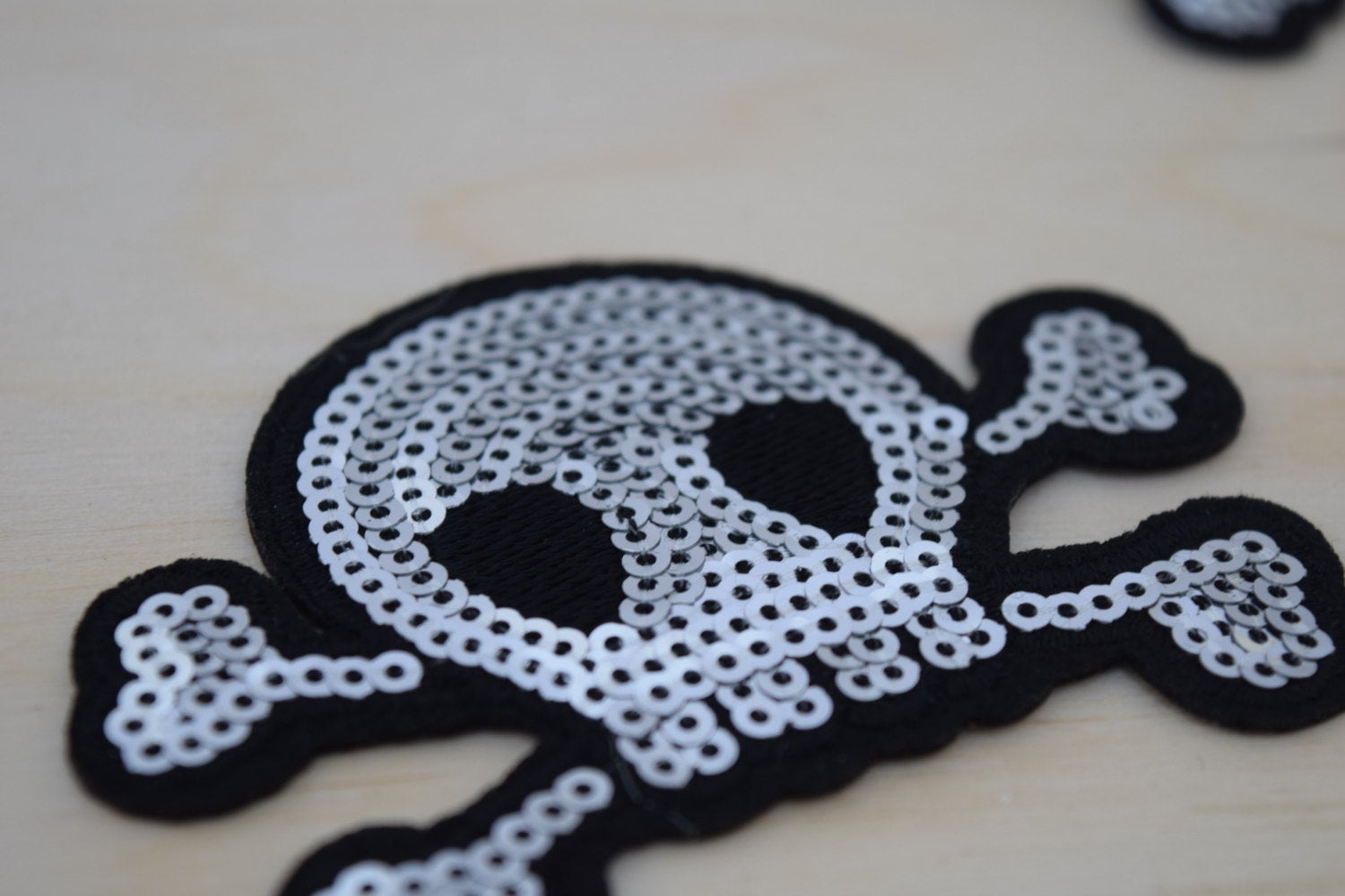 1 Silver Sequined Felt Skull Patch Skull and Bones Patch