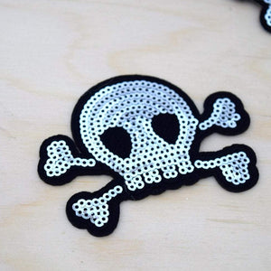 1 Silver Sequined Felt Skull Patch Skull and Bones Patch