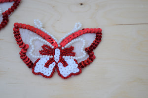 1 Pair  Red and White Sequin and Bead Butterfly Patches