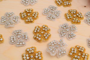 6 Pieces 1.5" Gold or Silver Quattro Petal Rhinestone Flower Patch/Applique